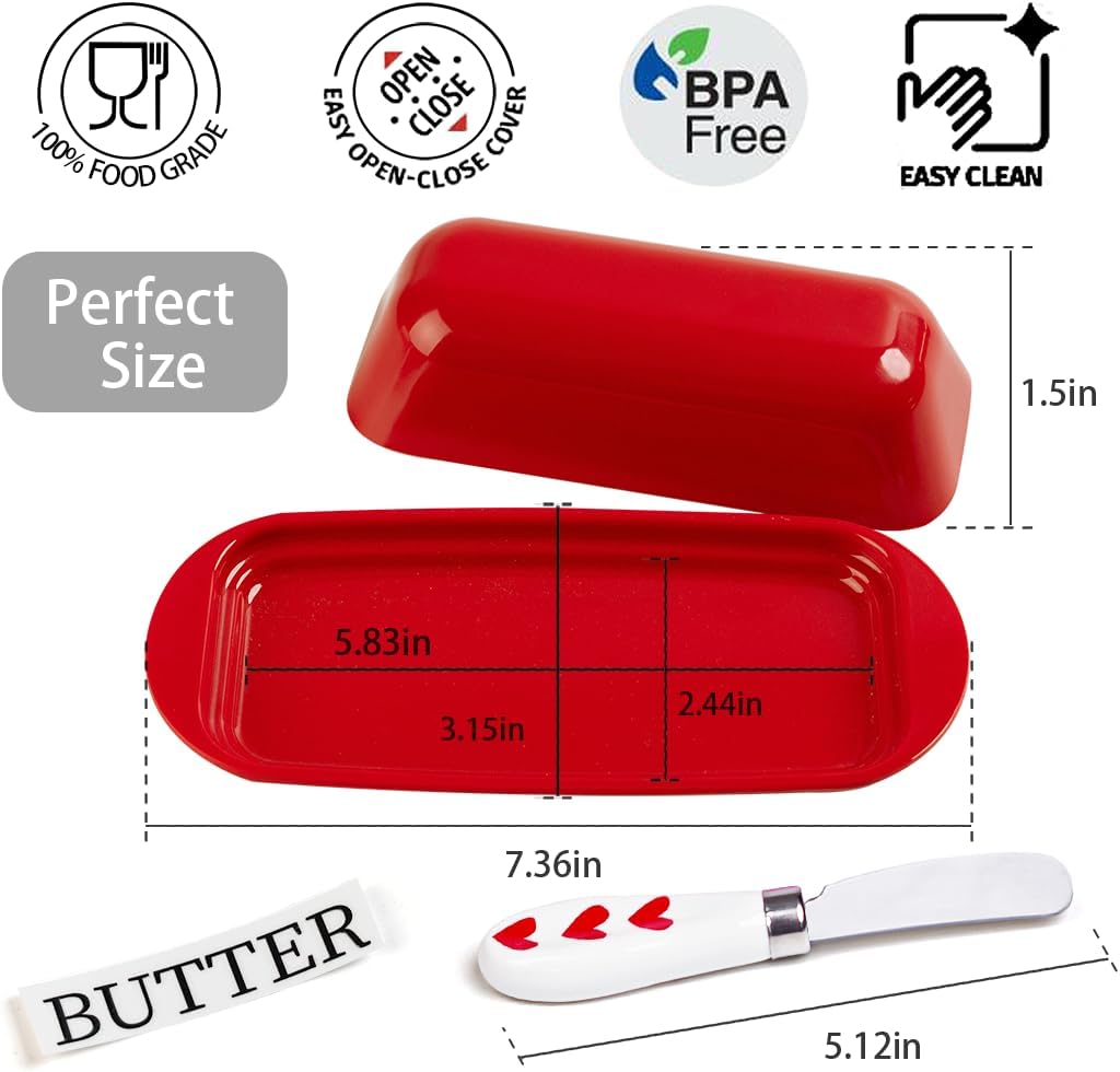 Butter Dish with Lid and Knife, Durable Countertop & Fridge Butter Keeper, Melamine Butter Container Holiday Kitchen Gift, Heart Design – Red