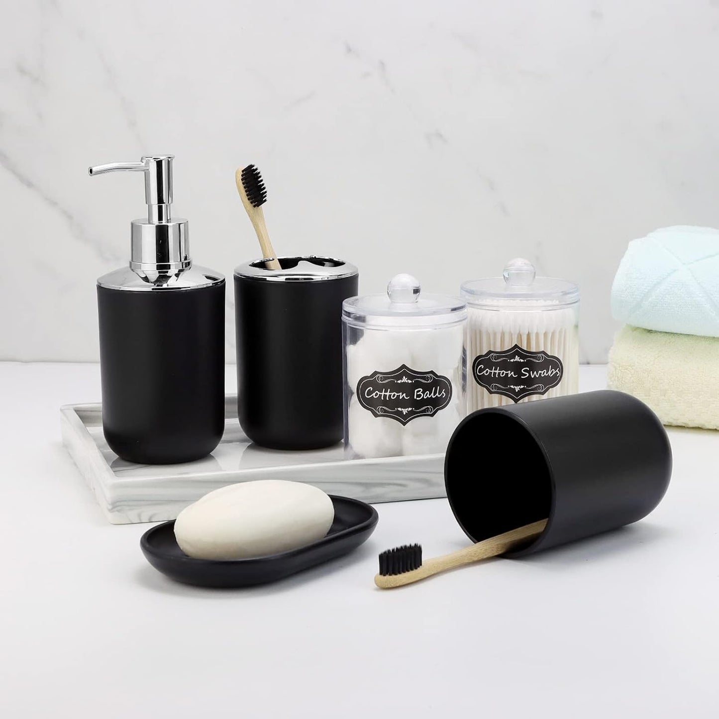 IMAVO Bathroom Accessories Set,Black Bathroom Set,9 Pieces Bathroom Accessory Set,Tray,Qtip Holders,Toilet Brush,Trash Can for Bathroom Décor and Home Gifts
