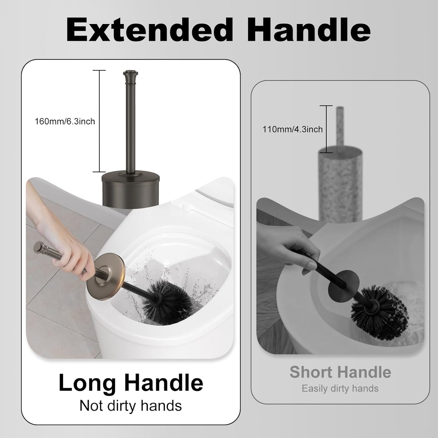 Pewter Toilet Brush and Holder，Extra Long Handled Toilet Brush for Bathroom，Stainless Steel Heavy Duty Toilet Bowl Brush,Removable Inner Bowl,Deep Cleaning Dense Bristles Cleaner Brush -Space Saving
