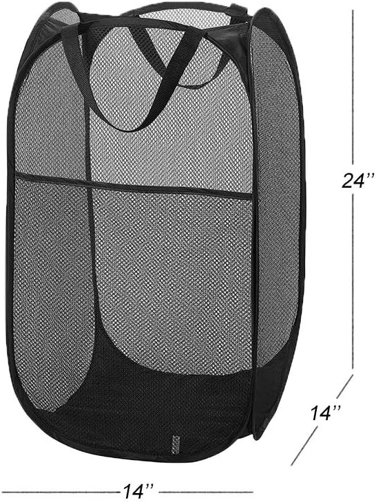 Larpur Popup Mesh Laundry Basket, Collapsible and Portable Clothes Washing Laundry Hamper with Reinforced Carry Handle (Black)