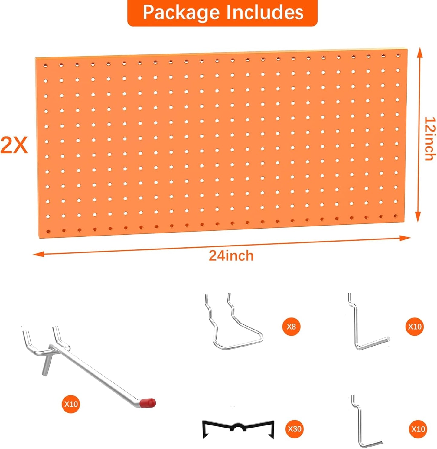 TORACK Metal Pegboard Wall Organizer 24" x 24" or 12" x 48", 70 PCS Tools Storage Pegboard for Garage, Modular Pegboard, Tool Organizer Board with Peg Board Hooks(Orange)
