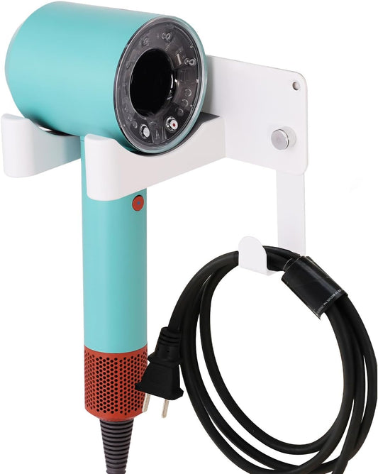 Hair Dryer Holder, Aluminum Alloy Blow Dryer Holder with Adhesive/Screw Installation, Universal Hair Dryer Wall Mount Compatible with Dyson Hairdryer Holder for Bathroom White UEMUSI