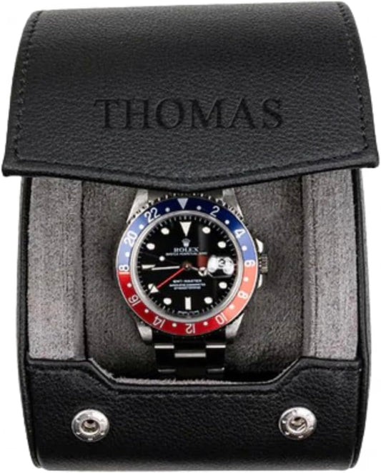 DailyWatch | Personalized Watch Roll Travel Case For 1 Watches - Handmade Genuine Leather Travel Case With Custom Engraving of Name or Initials - Black Grey