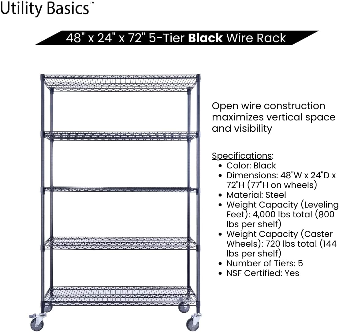 NSF Commercial 5-Tier Wire Shelving with Wheels, 48"x24"x72" Heavy Duty Metal Shelves 4000 lbs Max Capacity, Black Storage Rack for Garage Kitchen Pantry Warehouse