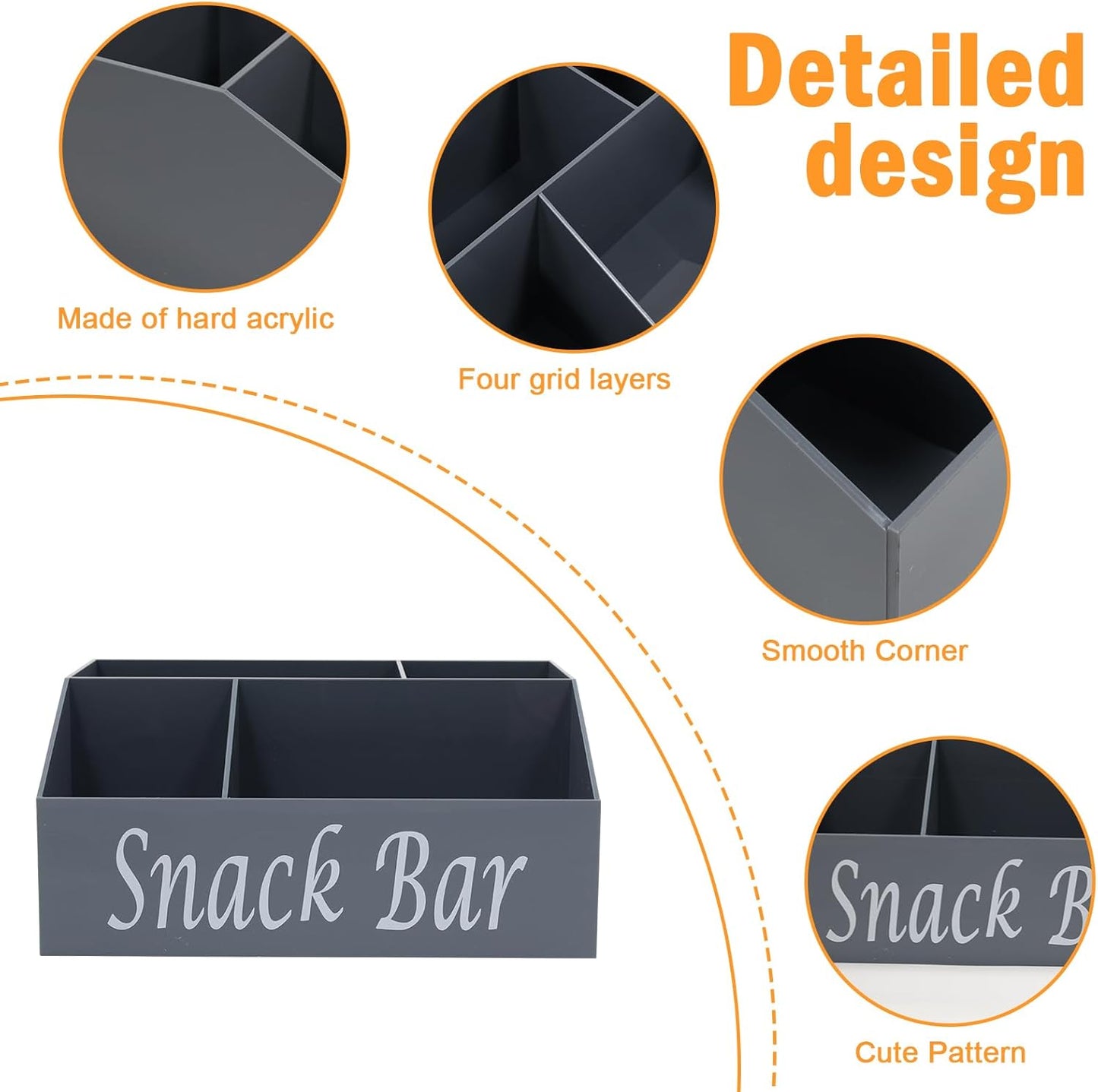 Snack Organizer for Countertop, 4 Compartments Acrylic Snack Organizer, Snack Container Holder for Kitchen Pantry Organizer and Storage-Grey