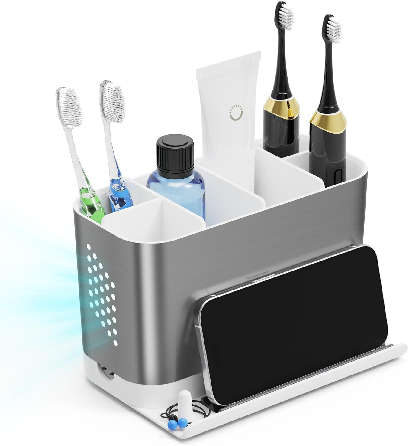 Bathroom Countertop Organizer with Front Ledge for Phone, Detachable Kids Toothbrush Holders with Cord Slots and Ring Holder, 6 Slots Toothbrush Toothpaste Holder with Drainage for Family