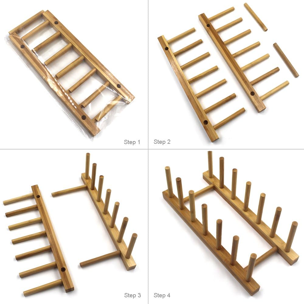 INNERNEED Bamboo Wooden Plate Racks Dish Stand Holder Kitchen Storage Cabinet Organizer for Dish/Plate/Bowl/Cup/Pot Lid/Cutting Board (Pack of 4)