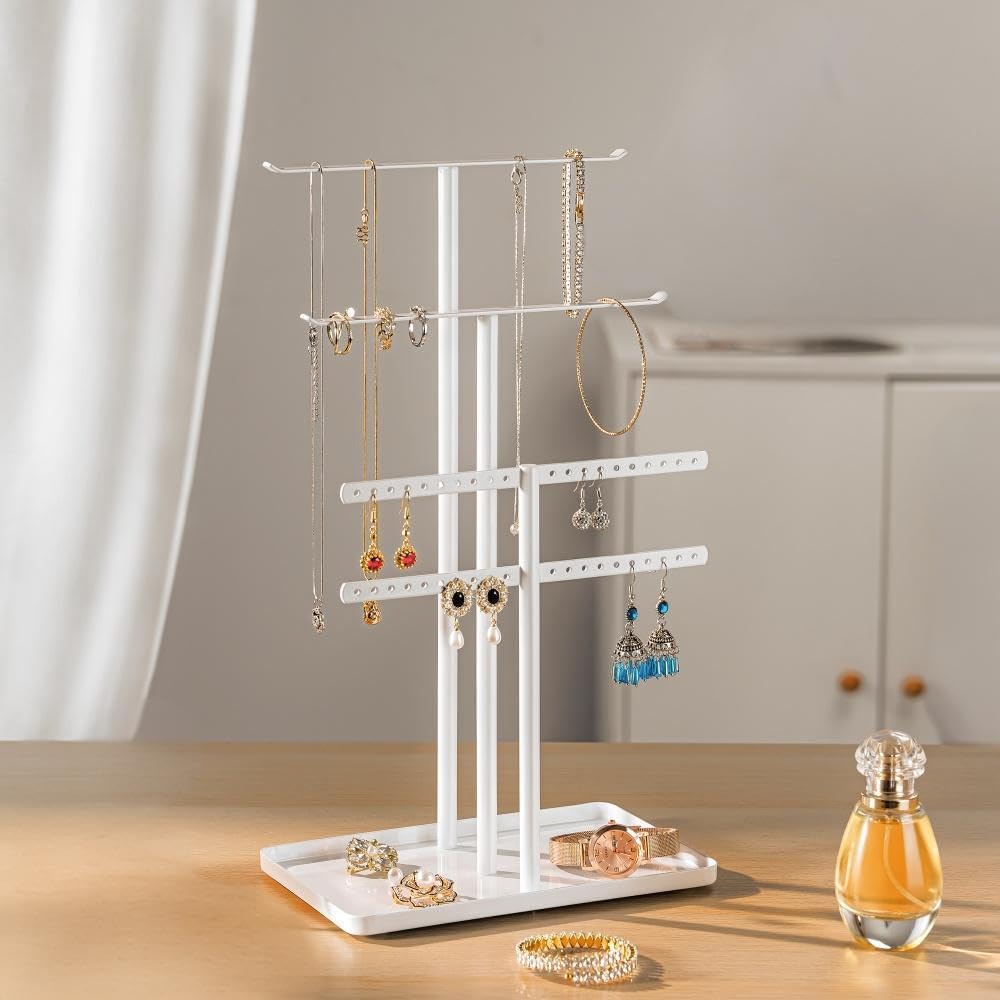 Jewelry Stand Organizer for Necklace Earring - 14.5" Sturdy Metal, 3-TierJewelry Holder for Bracelet, Ring Display and Storage, White