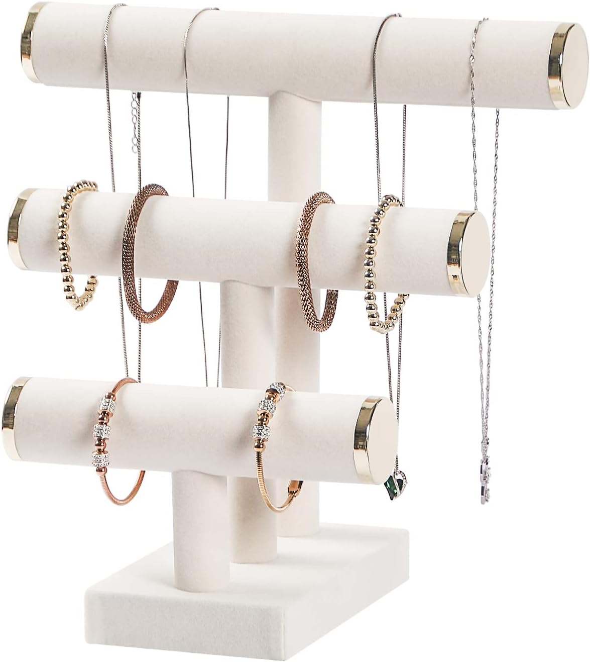 3 Tier Bracelet Holder,Bracelet Display Stand with Metal Cap,Beige White Velvet Jewelry Organizer Displays for Necklace Scrunchies Watches Hair Ties.