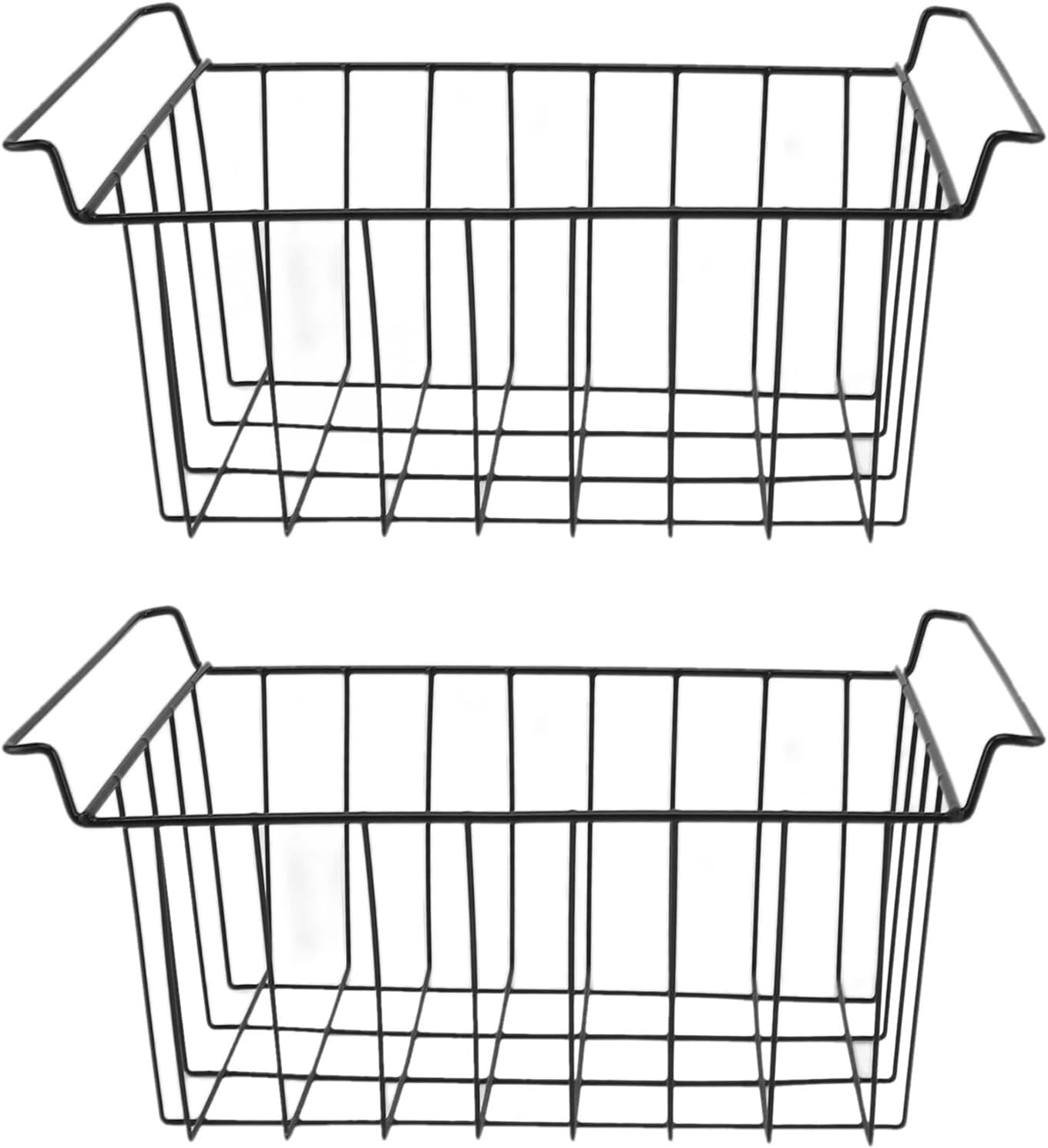 2PCS Freezer Organizer Bins, Steel Wire Freezer Basket with Handles Multifunctional Organizer Bin Stackable Metal Wire Baskets for Cabinet, Pantry, Closet (Black)