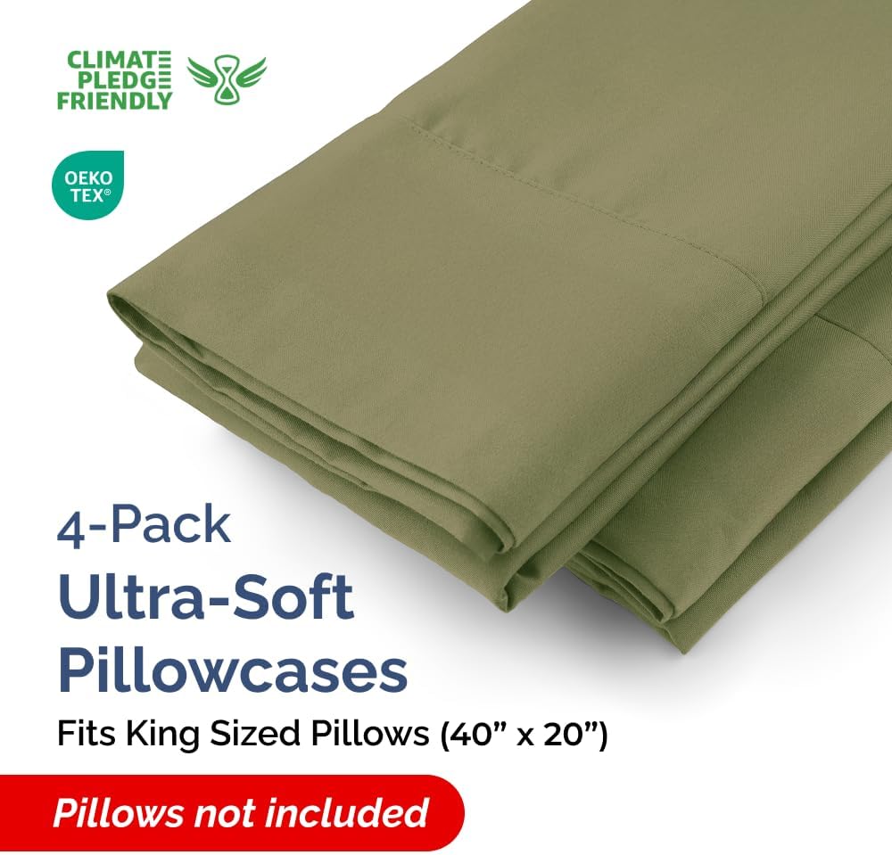 King Pillow Cases - 4 Pack - Super Soft Pillowcase Covers - Envelope Enclosure - Hotel Quality Pillow Protectors - Wrinkle Free, Shrink & Stain Resistant - Machine Washable - 20" x 40" (Sage Green)