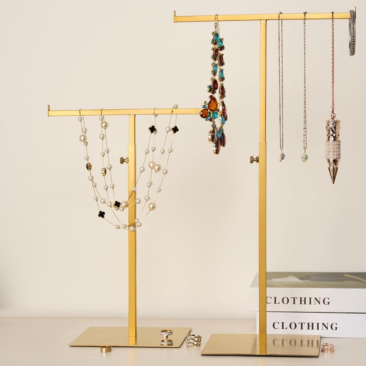 Purse Display Stand Set of 2 Jewelry Tower Stainless Steel Jewelry Handbags Stand Tabletop for Necklaces Purse Hanger Stands Adjustable Height Organizer Home Store Boutique, Gold