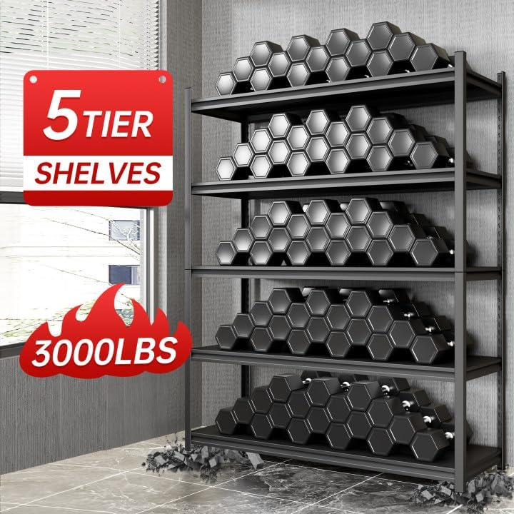 Metal Garage Shelving, Adjustable 5-Tier Heavy Duty Shelving, 3000 LBS Garage Shelving Unit and Storage，Heavy Duty Shelves for Basement,Warehouse，Kitchen (19.7" D*59.1" W*72" H)