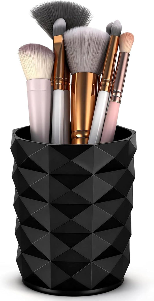 Acrylic Makeup Brush Holder Organizer, Black Makeup Brush Organizer, Stylish Pencil Holder for Desk, Cosmetics Brushes Cup Storage with Texture, Desk Accessories for Office, School, Home