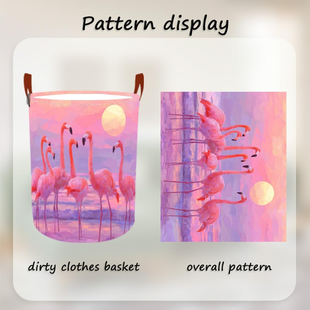 Laundry Baskets 15.7x19.7 Inch Large Pink Flamingo Sunset Beach Design Collapsible Laundry Hamper with Handles Oxford Fabric Clothes Storage Bin Foldable Dirty Clothes Organizer for Bedroom Bathroom