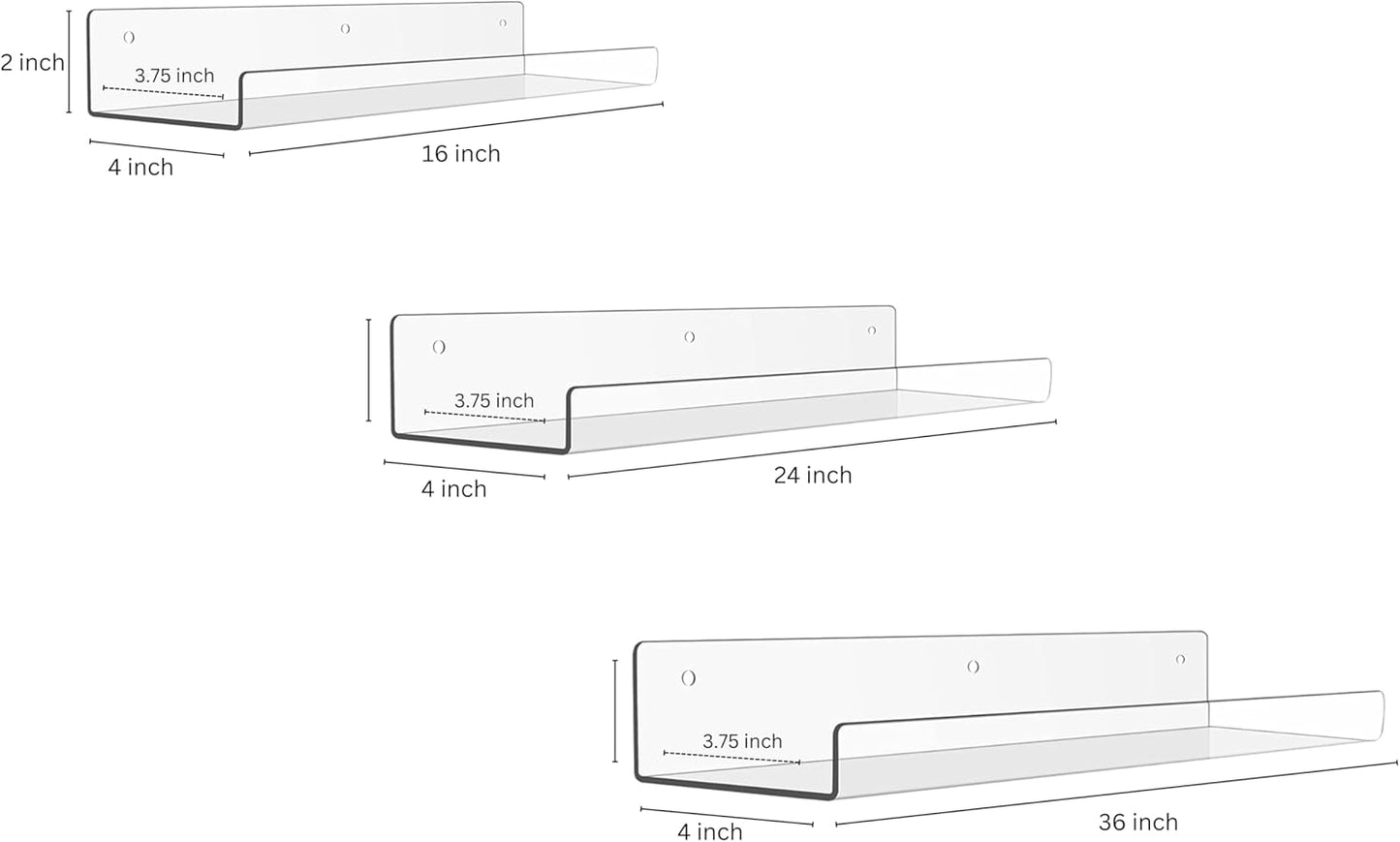 Rebecca Luxurious Acrylic Floating Shelves for Wall - 2 Pack of 16" x 2" x 4" - 5mm Thick Clear Book Shelf for Bathroom, Bedroom, Nursery, Kids Room with Easy Installation Hardware – Cute Bookshelf