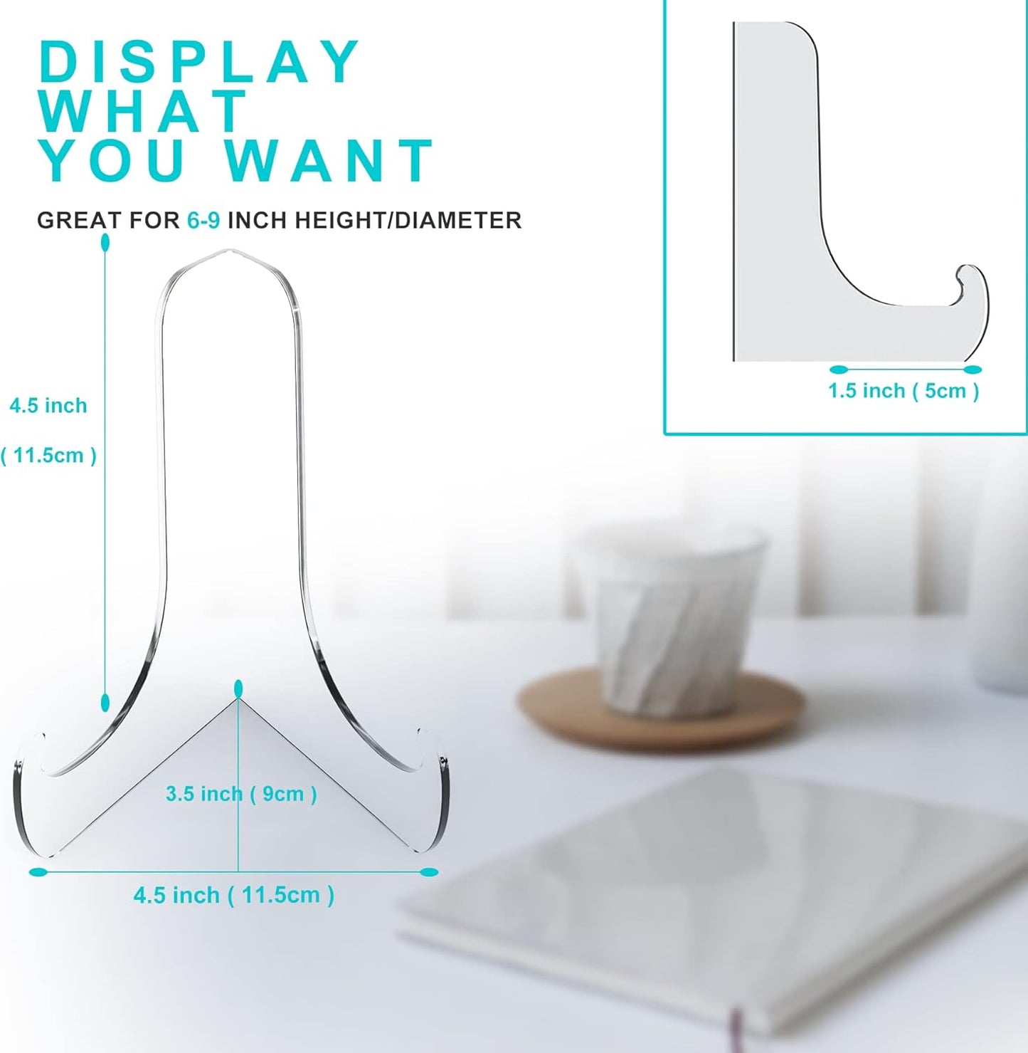 Boloyo 60-Degree Angle Acrylic Plate Display Stand , 4.5 Inch 5PC Clear Acrylic Display Holder Easel Base for Home Office Kitchen School Art Display
