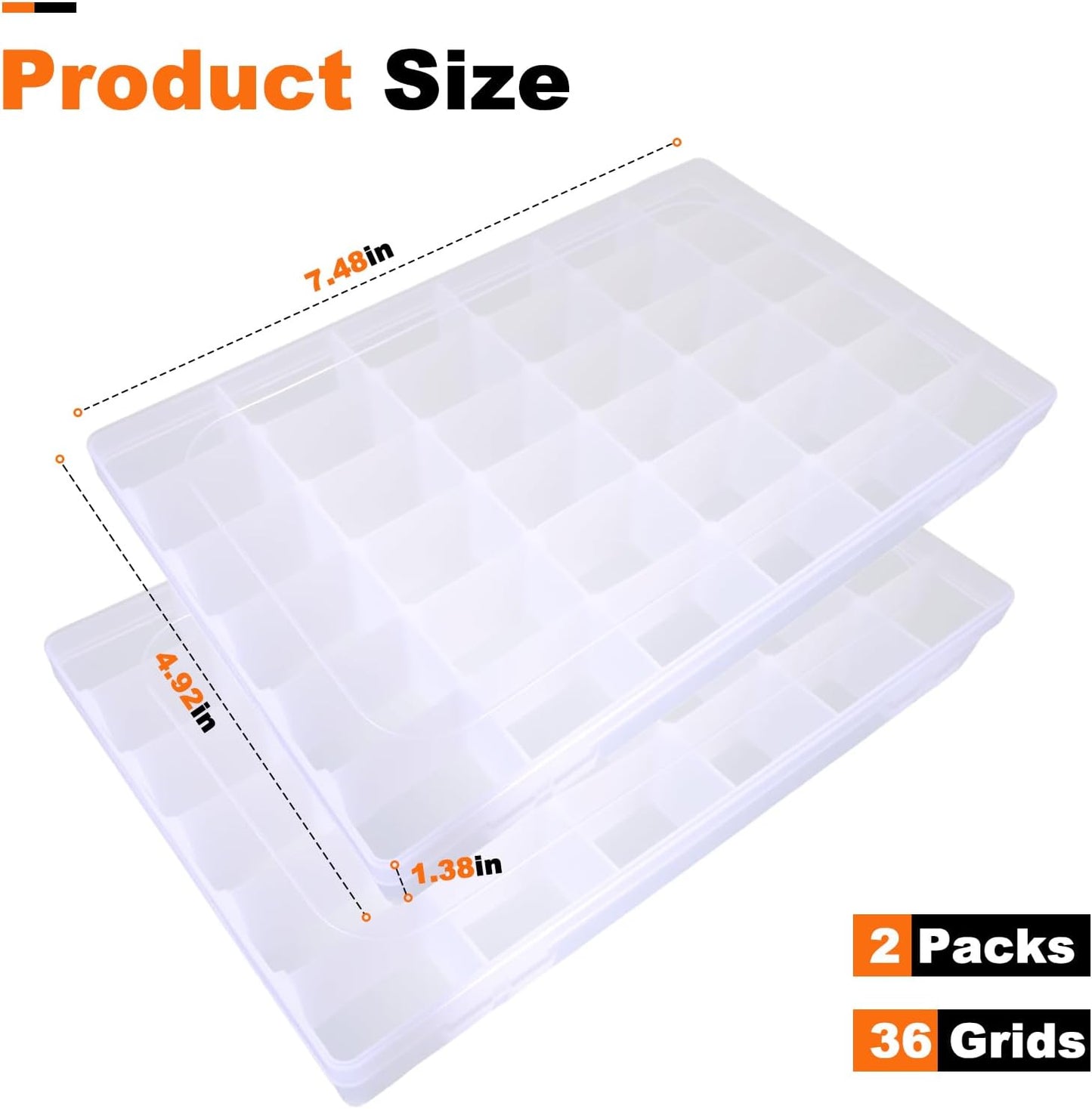 Pony Bead Organizer-2Pack,Adjustable Dividers,Pony Bead Storage,Transparent,36Grids