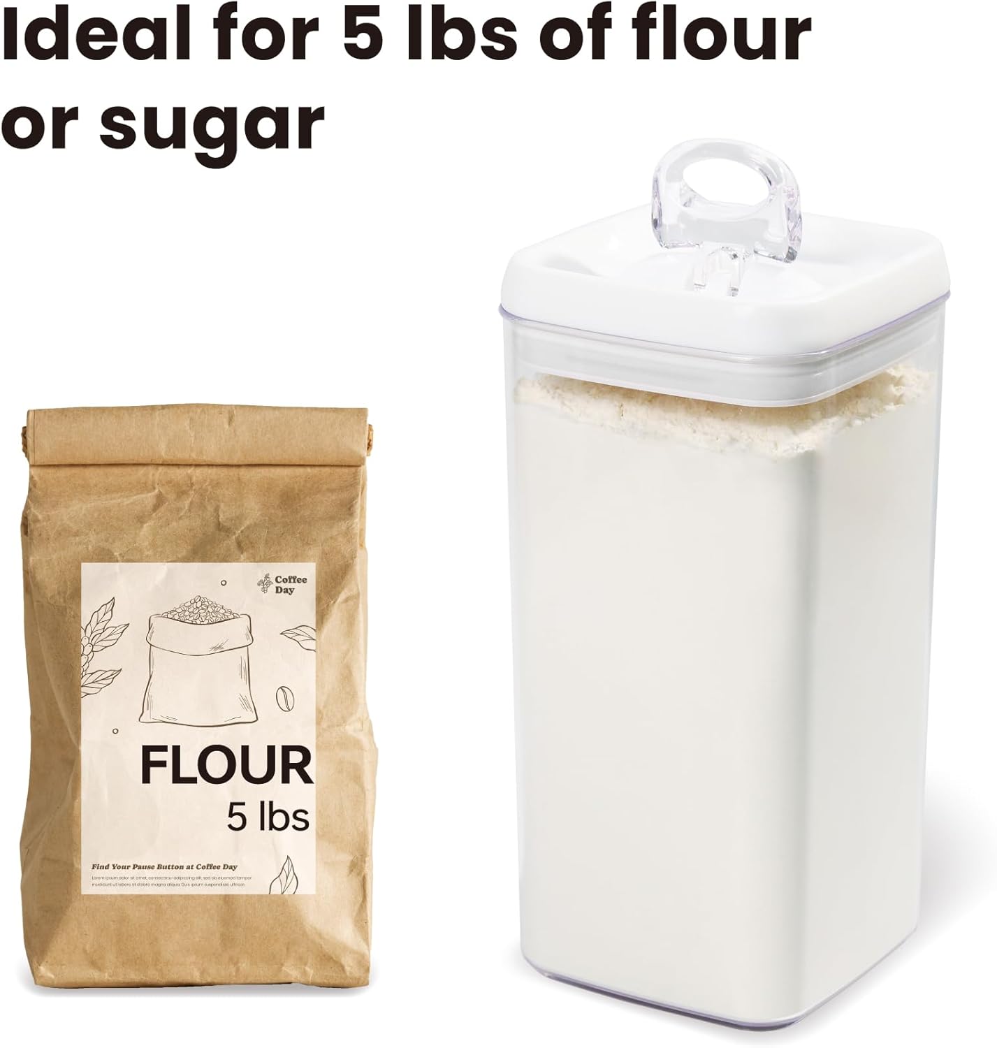 Felli Flip Tite Acrylic Food Storage Container with Lid 6” XL Air Tight Ring Seal Flip Top, Plastic Kitchen Baking Canister for 5 lb Flour Sugar Rice Protein Powder Pantry Organizer (Nest-L, White)