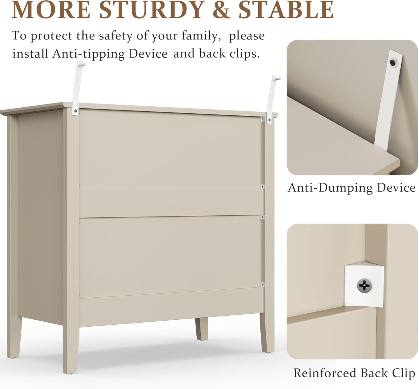 RoyalCraft Large 3 Drawer Dresser Set of 2, Fluted Wood Drawers for Bedroom, Modern Painted 30 inch Wide Nightstand for Bedroom, Entryway, Beige