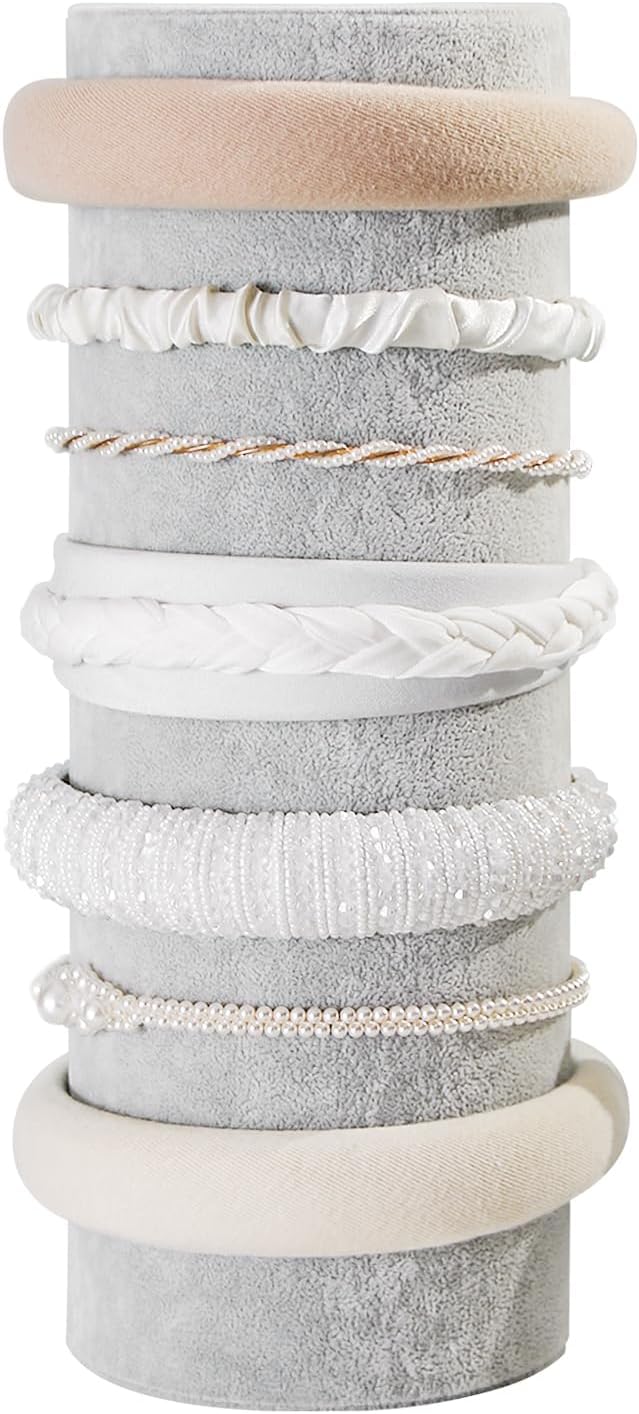 Headband Holder Organizer, Soft Velvet Tower Hairband Stand Display, Vertical Hair Hoop Accessories Jewelry Storage for Women Girls (Gray Beige Velvet)