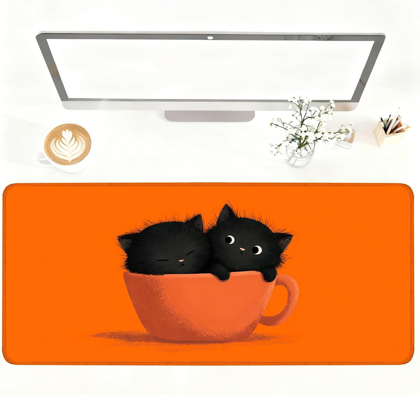 Large Cute Black Cat Mouse Pad, Extended Desk Mat with Non-Slip Base – 35.43 x 15.75 in – Cartoon Kittens in Orange Cup Design, Stitched Edges, Waterproof Gaming Keyboard Pad for Office & Home
