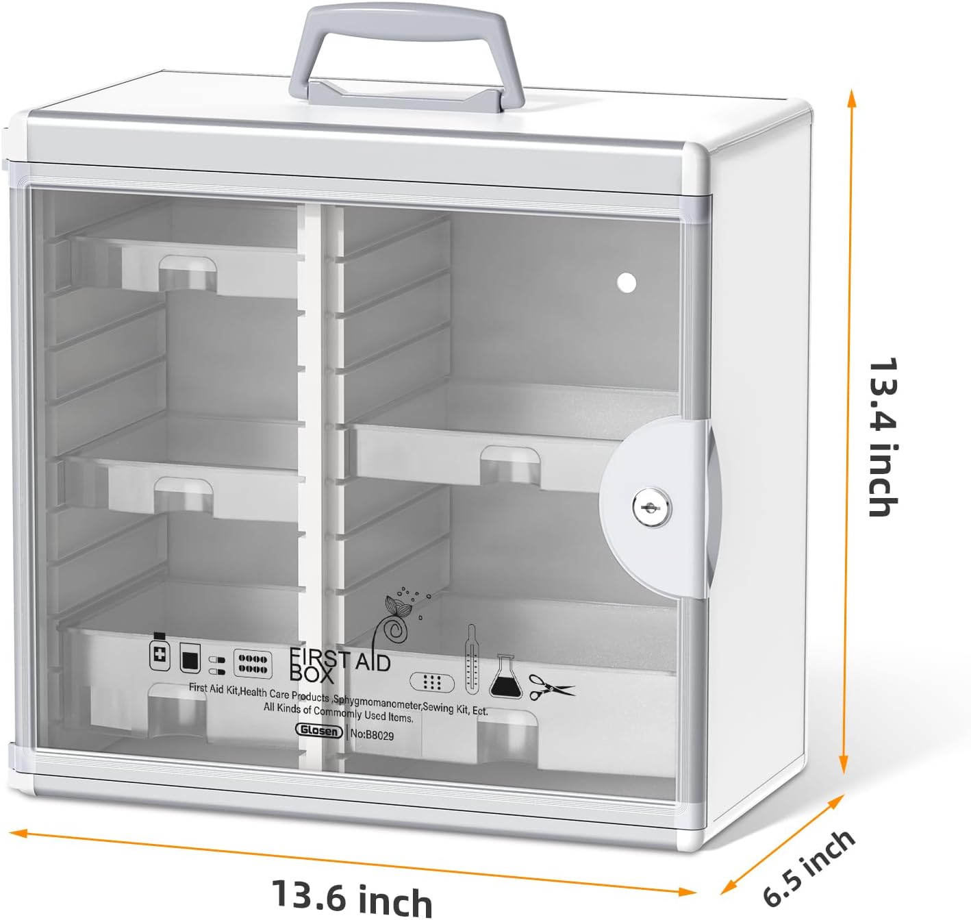 Glosen Medicine Cabinet Locking Medicine Cabinet Wall Mounted【 Silver 13.6 x 13.4 x 6.5 Inch 】 Portable Storage Container Big Capacity