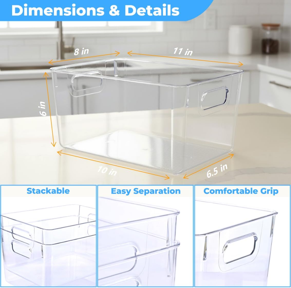 MOONEDGE Open Clear Plastic Storage Bins Stackable Organizer Containers with Handles for Kitchen, Pantry, Fridge, Cabinet, Closet Storage & Home Organization 6 Pack（11 x 8 x 6 in）