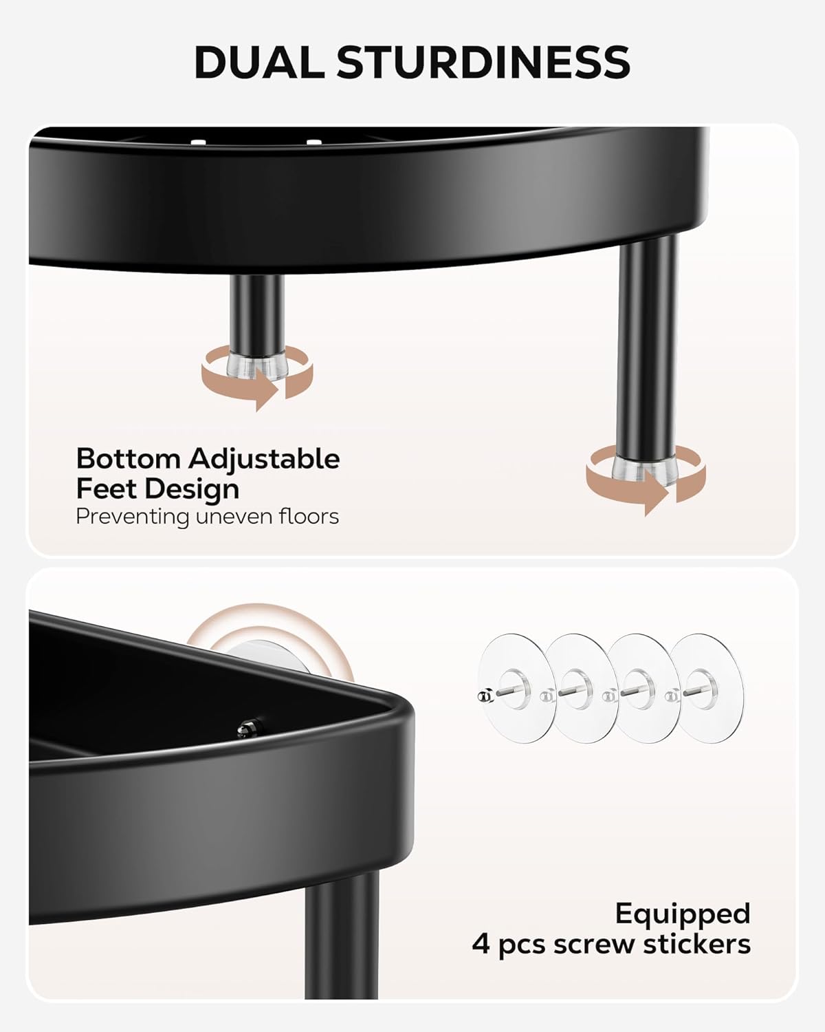 Nieifi Corner Shower Caddy Stand-5 Tier Rustproof Anodized Aluminum Standing Shower Organizer-Shower Caddy Corner-Dual Stability to Anti-Shaking-Height-Adjustable Legs for Uneven Surfaces-Black