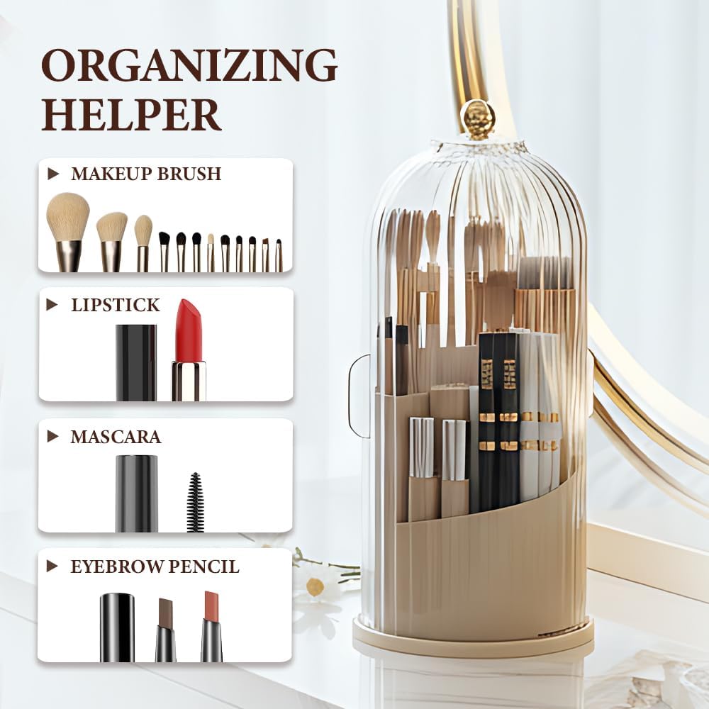 Covered 360° Rotating Makeup Brush Holder, Makeup Organizers with Lid, Clear Cover Brush Holder with Transparent Door Lid for Desktop, No Dust Toothbrush Holders for Vanity and Bath (Clear white)
