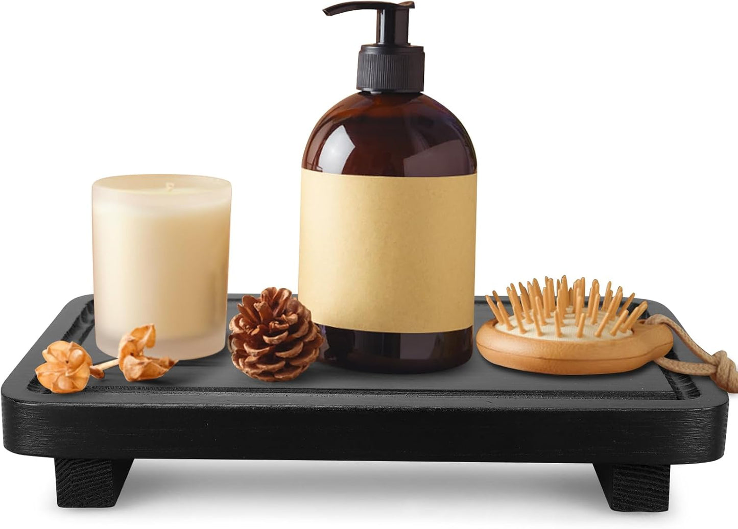 Black Bathroom Counter Organizer Wood Risers Display Pedestal Stand Kitchen Countertop Trays Farmhouse Wooden Dish Soap Dispenser Holder for Bathroom Decor Kitchen Sink Accessories Vanity Tray