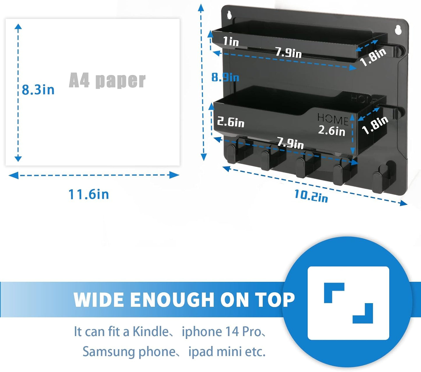 Bedside Wall Mount Shelf, Adhesive Bedside Organizer for Remote、Phone、Glasses. Bedside Accessories Storage suitable for College Dorm 、bunk bed 、 Bedroom、Rv（Black）