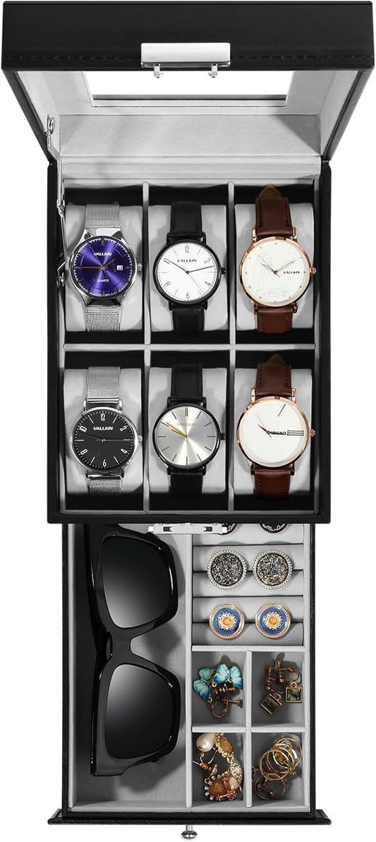 Uten 6-Slot Watch Box, 2-Layers PU Leather Watch Case with Glass Lid, Watch Holder Organizer with Soft Pillow and Velvet Lining, Watch and Jewelry Storage Box