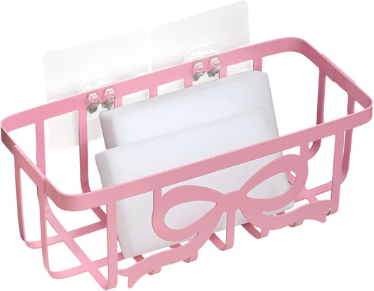 Pink Bow Sponge Holder for Kitchen Sink with Adhesive Mount Cute Bow Metal Sink Decorative In-sink Sponge Holder Organizer Coquette Preppy Pink Kitchen Decor Accessories