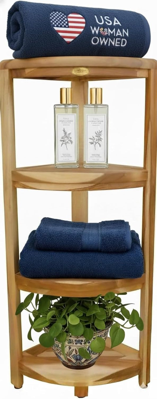 EcoDecors Corner Snazzy Corner Four Tier Natural Color Shelf Waterproof Teak Wood Shower Bench Stool Seat Chair For Inside Shower Provides Safety, Storage, and Organization For Bathroom Accessories
