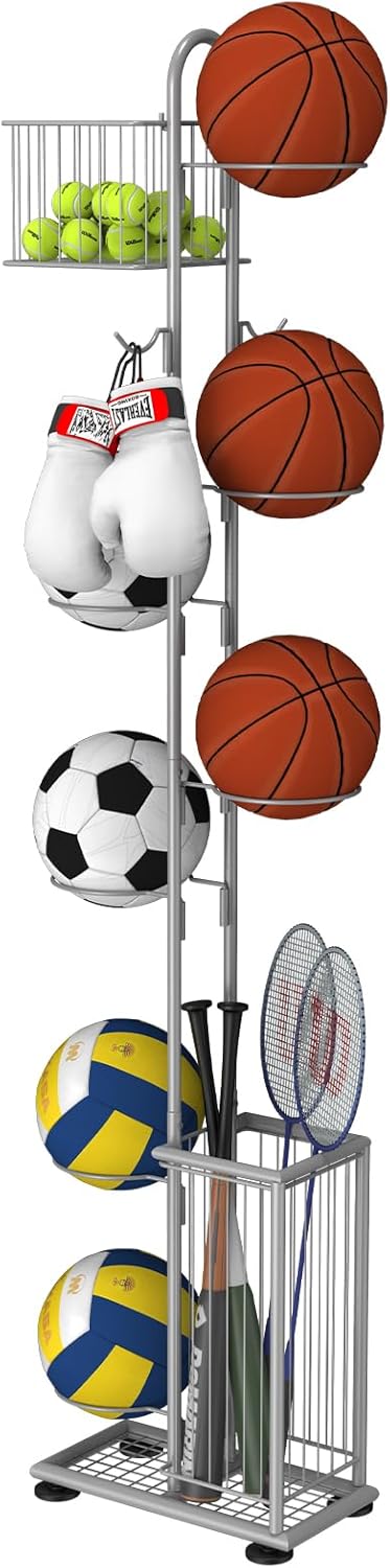 7 Tier Ball Storage Rack, Basketball Holder, Garage Sports Equipment Organizer with Basket & Hooks, Basketball Rack for Indoor/Outdoor, Ball rack for Basketballs Footballs Volleyball, Silver