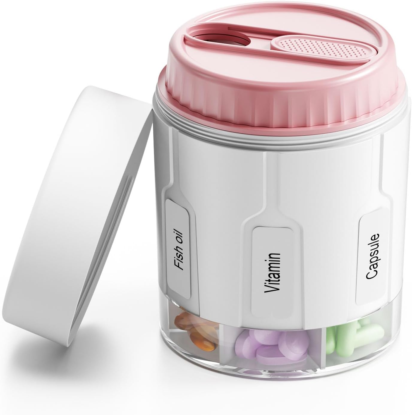Daviky Pill Bottle Organizer, Supplement Organizer with 7 Large Compartments, Travel Pill Dispenser Round Pill Box with Two Lids（Pink