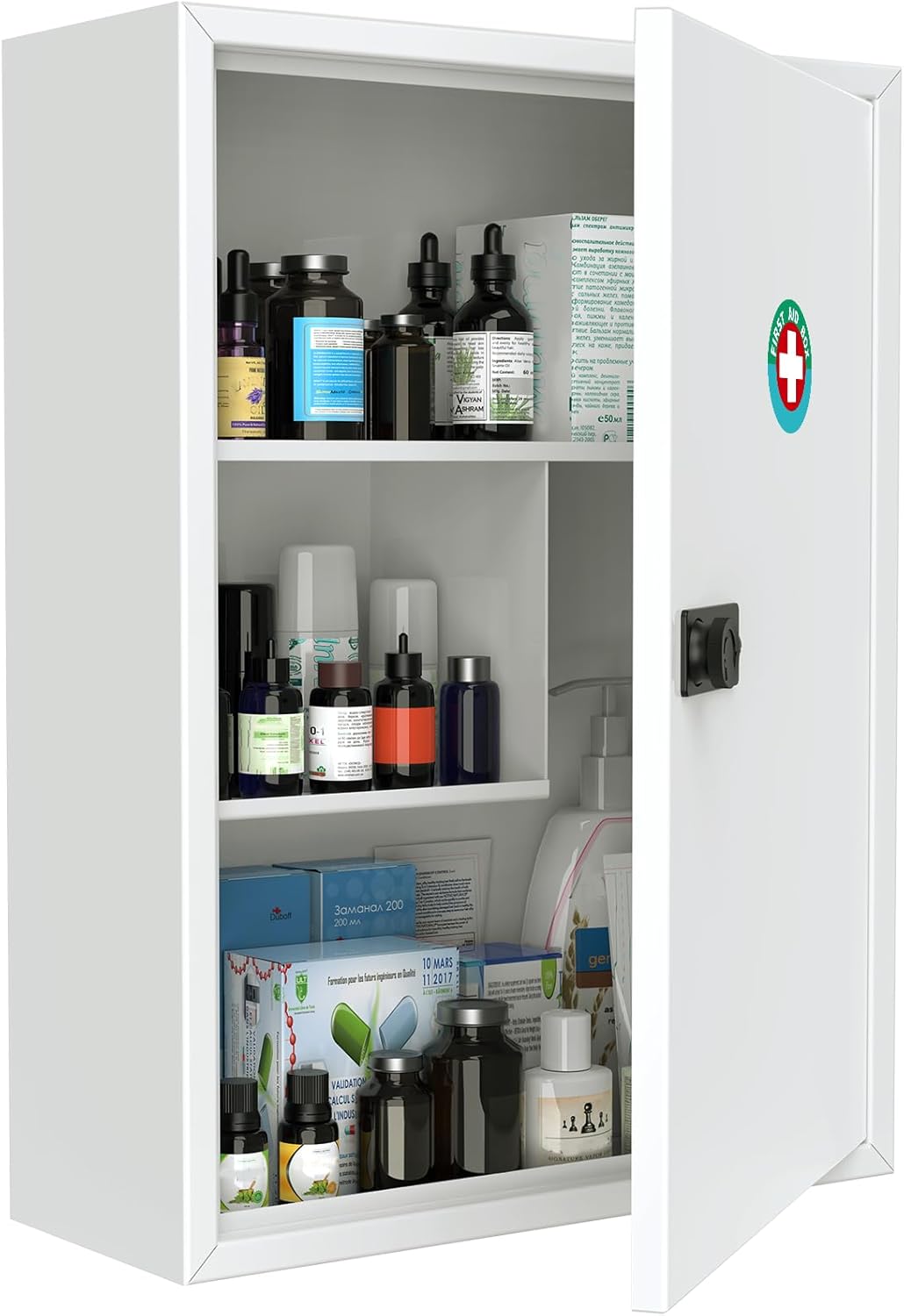 Uniclife Wall Mount Medicine Cabinet with Combination Lock, Locking First Aid Cabinet, Lockable Medical Cabinet, Large Capacity Medicine Organizer, Secure Steel Wall Cabinet Metal Storage Box, White