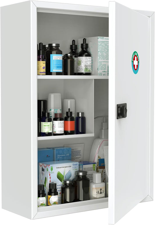 Uniclife Wall Mount Medicine Cabinet with Combination Lock, Locking First Aid Cabinet, Lockable Medical Cabinet, Large Capacity Medicine Organizer, Secure Steel Wall Cabinet Metal Storage Box, White