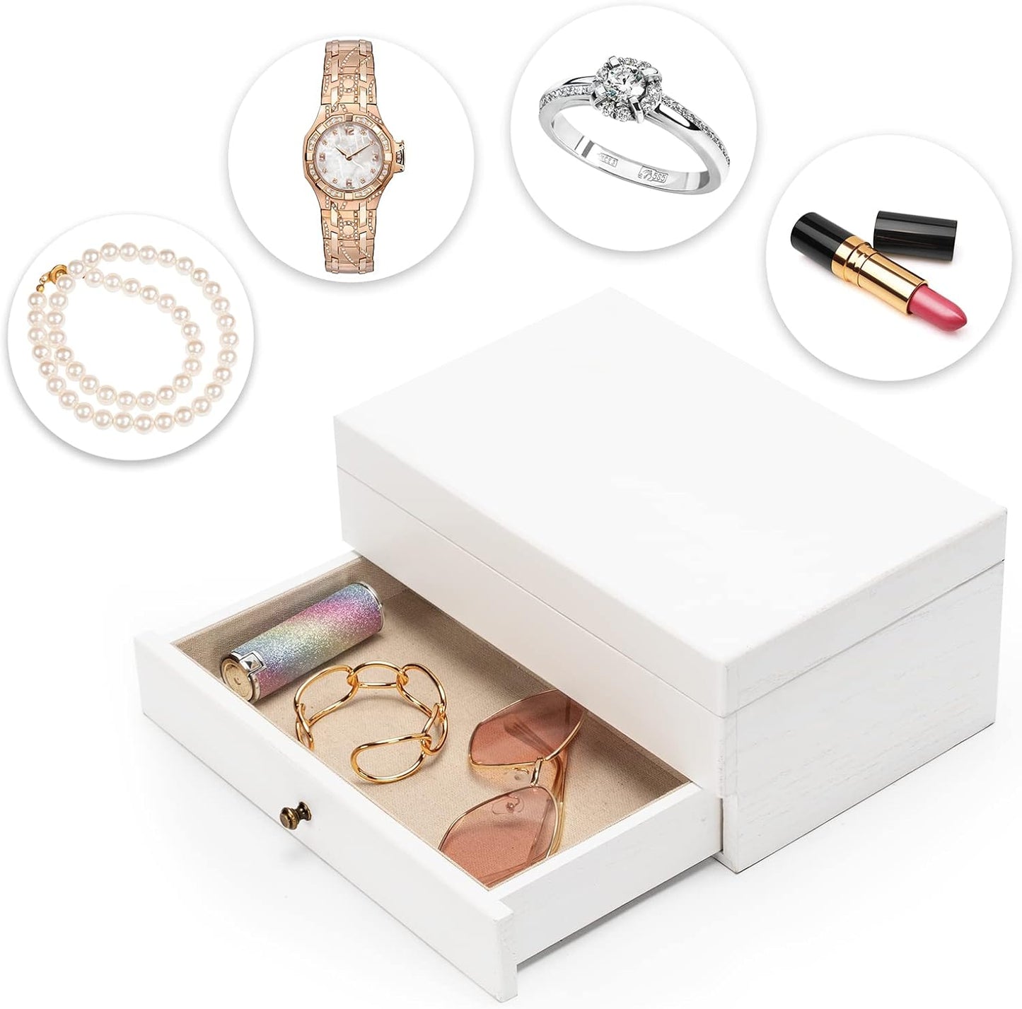 Meangood Jewelry Box Organizer for Women, 2 Layer Large Jewelry Storage Case, Rustic Wooden Jewelry Box with Mirror & Ring Tray for Necklace Earring Bracelets Rings, Vintage Style (White)