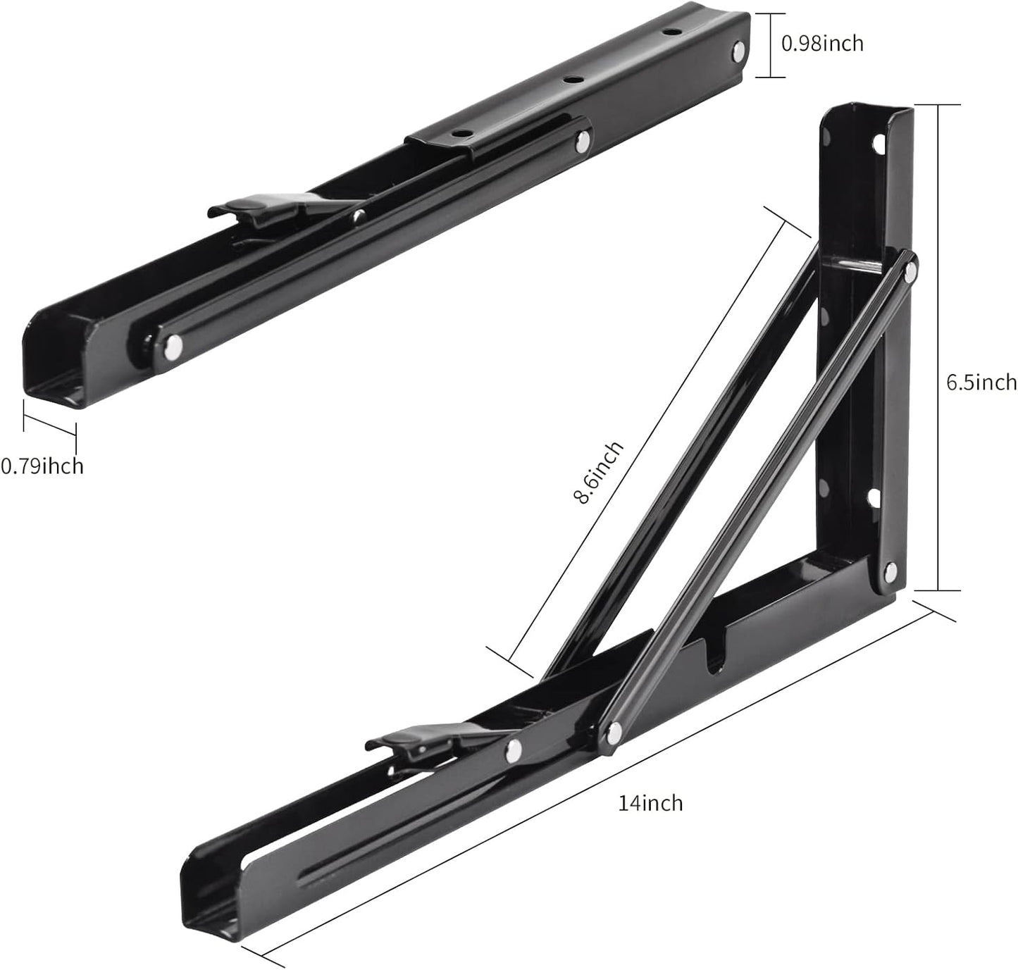 YUMORE Folding Shelf Brackets, 14 Inch Heavy Duty Collapsible Shelf Bracket, Black DIY L Bracket for Workbench Folding Table Hinge, Max Load: 330lb, 2 Pack