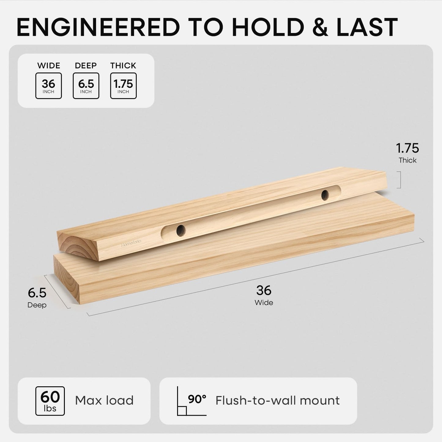 Homeforia 36 inch Natural Floating Shelf, High End Solid Real Wood 36inch Small Floating Shelves for Wall Mounted, Natural Wooden Floating Shelves, Heavy Duty Bracket, 36 X 6.5 X 1.75 in, Set of 2
