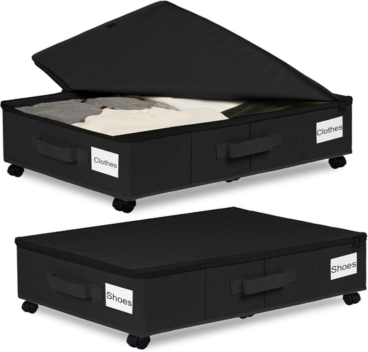 Under Bed Storage with Wheels, 2 Pack Under Bed Storage Containers with Label Holders for Clothes, Shoes and Blankets, Rolling Underbed Shoe Organizer with Cover, Black (30.71x15.7x7.28 in)