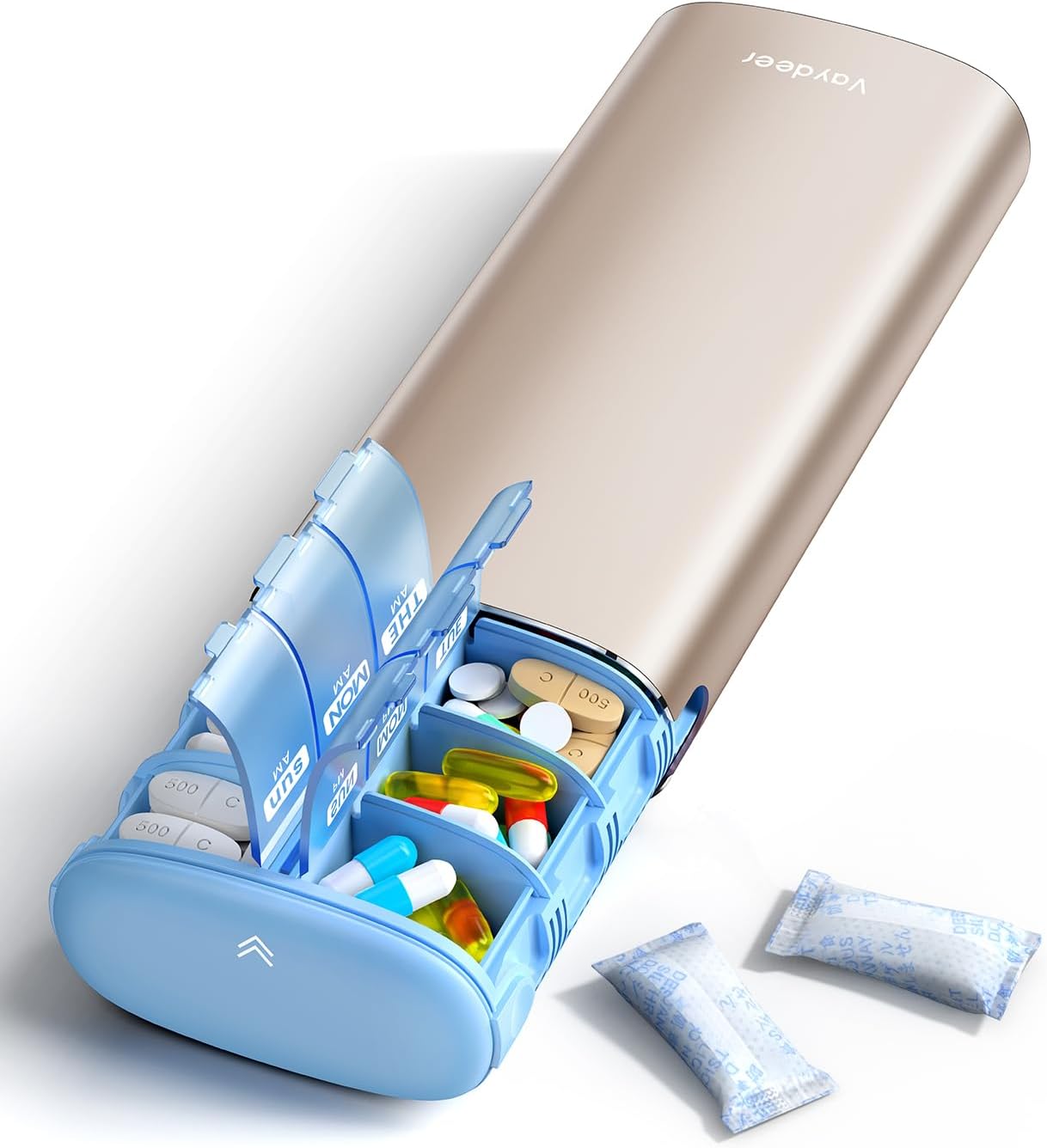 Vaydeer Metal 7 Day Pill Organizer 2 Times a Day – AM PM Weekly Travel Pill Case with Moisture-Proof Desiccant, Airtight Large Capacity Pill Box for Vitamins, Medications & Supplements (Champagne)