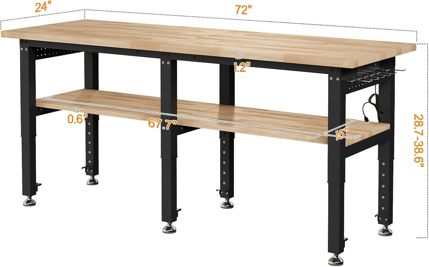 SPECRAFT Adjustable 2-Tier Workbench with 4 AC Outlet and 2 USB Ports Power Outlets, 2000 Lbs Capacity Heavy Duty Workbench, Rubber Wood Top for Garage, Workshop, Office（72x24in）