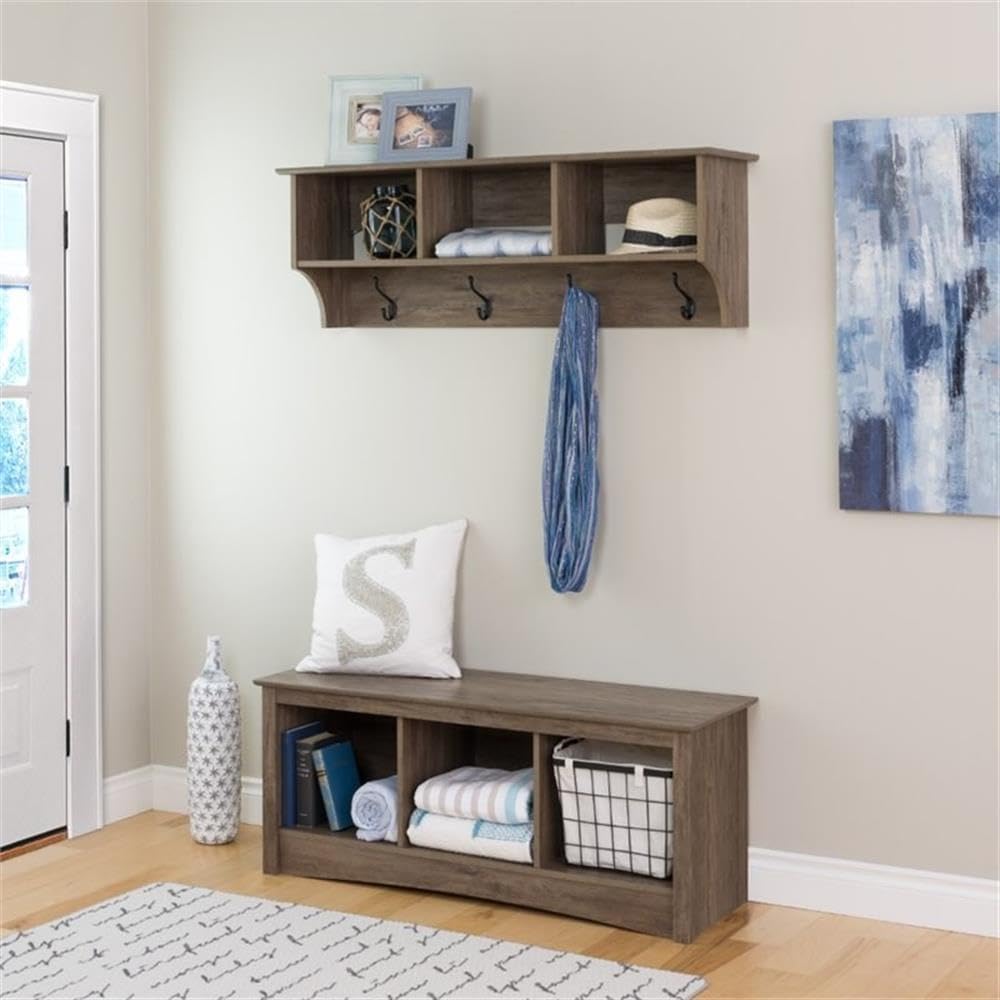 Prepac Drifted Gray 48" Contemporary Wall Mounted Coat Rack, Coat Hooks Wall Mount with 3 Shelves, Ideal for Hallway or Entryway Storage Solution, 11.5"D x 48"W x 14.25"H