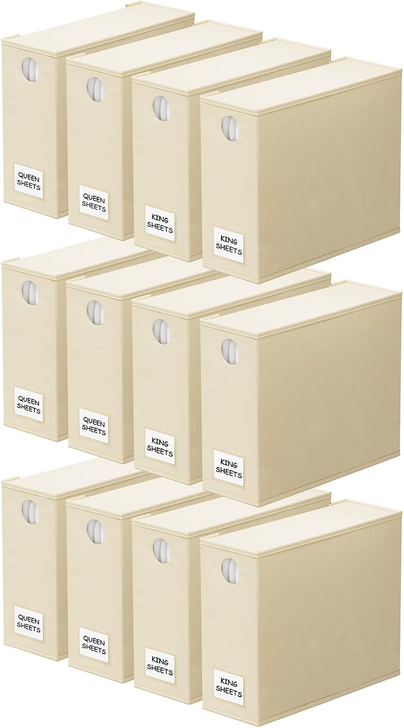 SpaceAid 12 Pack Bed Sheet Organizers and Storage, Foldable Organizer for Linen Closet, Set Folder Keeper With Window XL (Queen & King Size) Bedding Container (Beige)