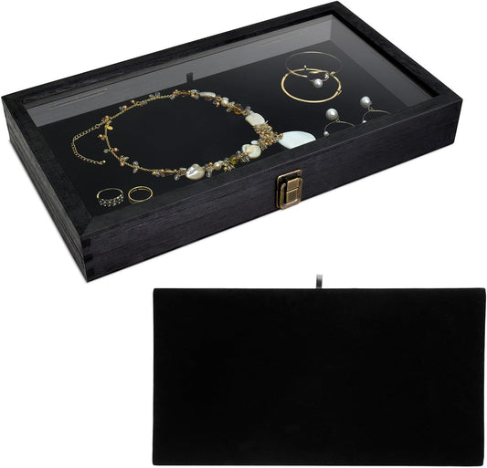 MOOCA Wooden Jewelry Display Case, Pocket Knife Display Case with Tempered Glass Top Lid and Removable Black Luxurious MDF Velvet Jewelry Pad, Black Color