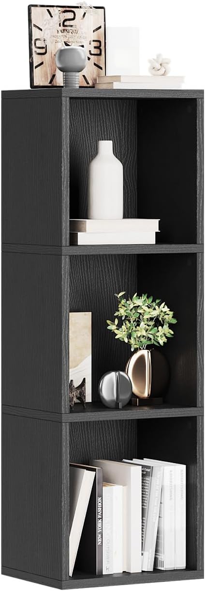 oneinmil Small Narrow Bookshelf, 3-Tier Cube Display Rack, Modern Corner Bookshelf with Storage Space, CD Storage Cabinet for Home Office (Black 1 Pack, 3-Tier)