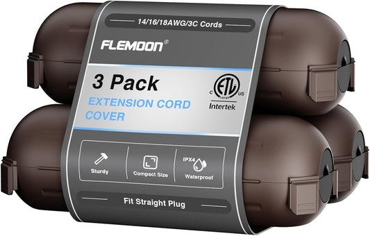 Flemoon [3 Pack] Outdoor Extension Cord Waterproof Cover, Weatherproof Electrical Connection Box for Outdoor Plug, Outlet, Outdoor Outlet, Socket, Halloween, Christmas Holiday Decoration Light, Brown